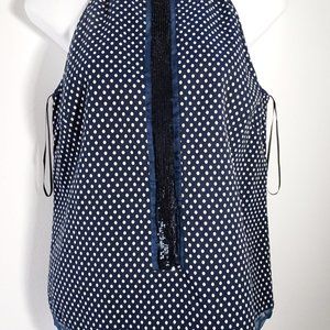 Sachin & Babi Blue White Polka Dot Net Sequin Zipper Back Tank Top XS